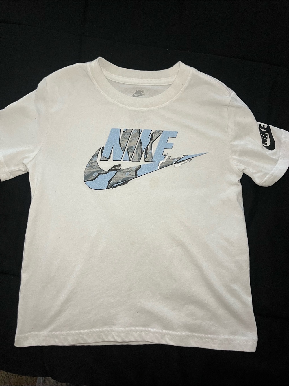 Nike White Tee with Blue and Gray Camo Swoosh